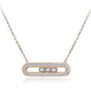 Austrian Floating Crystal Bar Necklace Rose Gold Ion Plated Stainless Steel